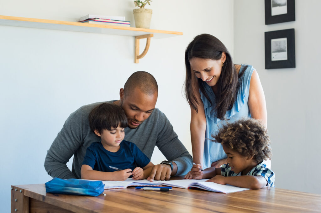 special education parents helping children with homework.